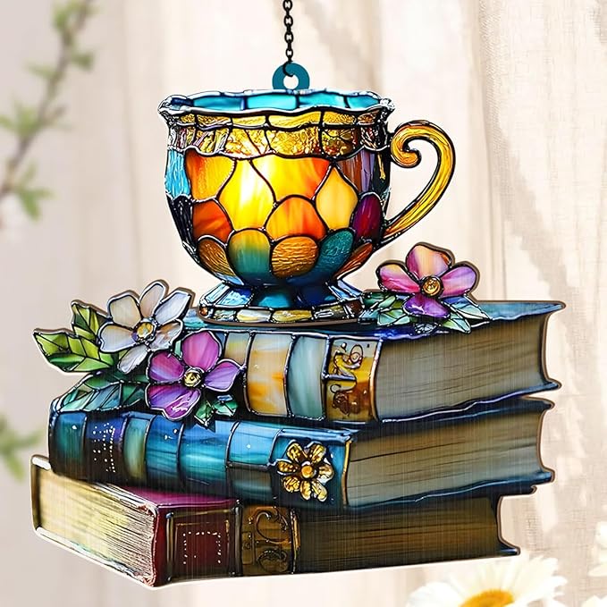 Jesuspirit - Window Hanging Suncatcher – Crystal Clear Acrylic & Wood Sun Catcher for Home Decor, for Women (Floral Book and Tea, 8 Inches)
