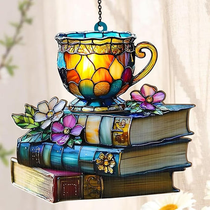 Jesuspirit - Window Hanging Suncatcher – Crystal Clear Acrylic & Wood Sun Catcher for Home Decor, for Women (Floral Book and Tea, 6 Inches)