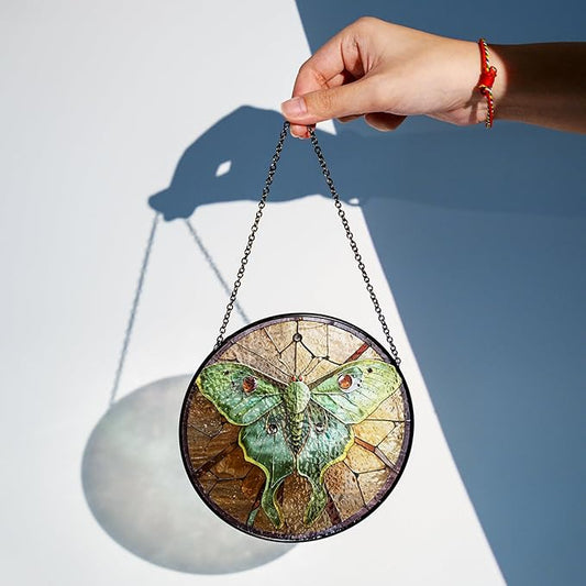 2 Stained Glass 6" Luna Moth Suncatchers Art Glass Monarchs, Luna Moth and Flower Suncatcher Monarchs for Sun Catcher Indoor Window, Gift for Nature Floral Lover Women, Painted Panel Décor