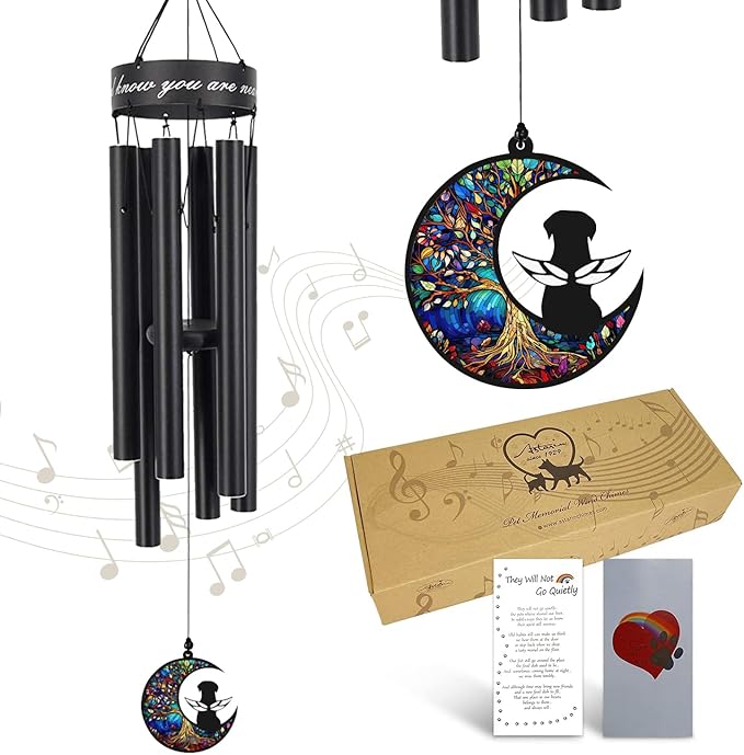 35" Pet Memorial Wind Chime, Pet Sympathy Gift for Loss of Dog, Dog Memorial Wind Chime with Stained Moon, Hand Tuned Aluminum Wind Chimes for Outdoor Garden Porch Remembrance Decor, Black