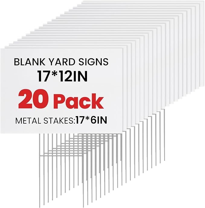 20 Pack Yard Signs with Metal Stakes, Custom Yard 17 x 12 Inches, Corrugated Plastic Board for Sale Sign Outdoor, Rent, Guidepost, Garage Sale Signs, Birthday Party
