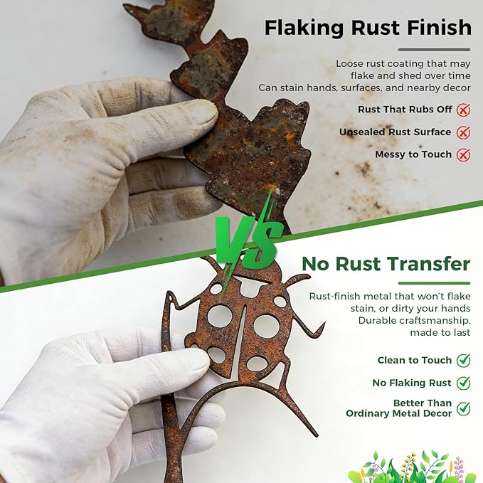 Rustic Metal Decorative Garden Stakes, Multiple Nature-Inspired Designs, Vintage Rust Finish Indoor&Outdoor Garden Decor, Gift-Boxed Yard Art for Pots, Planters Flower Beds (Ladybug & Bee Flower Set)