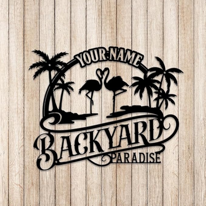 MeMate Personalized Outdoor Sign - Flamingo House Metal Sign for Porch Deck Backyard Patio Pool - Perfect Housewarming Gift