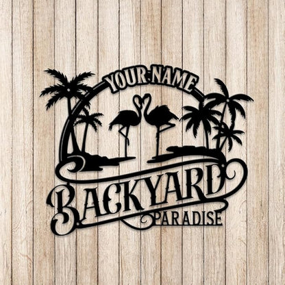 MeMate Personalized Outdoor Sign - Flamingo House Metal Sign for Porch Deck Backyard Patio Pool - Perfect Housewarming Gift
