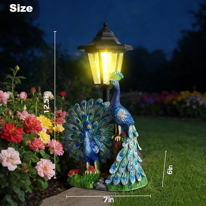 VEEKI Peacock Garden Statue Outdoor, Solar Peacock Figurine Outdoor Waterproof with Lantern, Resin Peacock Decor for Garden Patio Yard Lawn Ornament, Housewarming Birthday Gifts for Women Mom Grandma