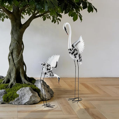 Metal Crane Garden Statues Set of 2, 53" & 35" Large Outdoor Crane Decor, Standing Bird Yard Art for Patio Lawn Backyard Pond Landscape