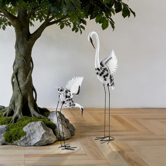 2-Piece Garden Crane Statues Set, New Chinese Style Metal Crane Decor with Dynamic Poses, 53.15in & 35.43in Tall Outdoor Lawn Ornaments for Patio Yard, Black White
