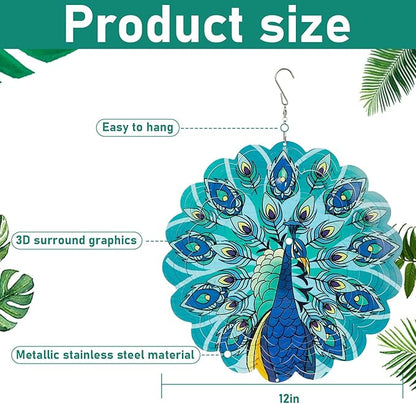 Peacocks 3D Stainless Steel Wind Spinner - Outdoor Wind Catchers, Kinetic Hanging Ornament, 12Inch Wind Spinners for Gardens and Courtyards