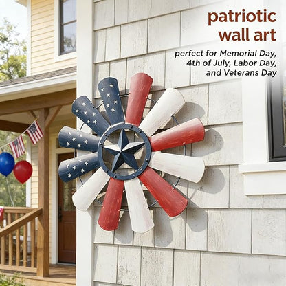 JJALIGHTS 23" Windmill Wall Decor, Patriotic American Flag Metal Wall Art with Texas Star, 4th of July Indoor Outdoor Decorations for Farmhouse Porch Garden Patio Fence Home