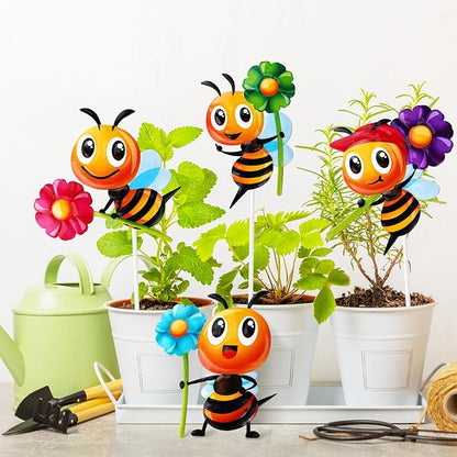 4 PCS Metal Bee Garden Stakes Decorative, ULENDIS Colorful 12.2 Inches Outdoor Bee Garden Decor stakes, Vivid Bee Yard Art Ornaments for Lawn Porch Pathway Patio Plant Pot Flower Bed