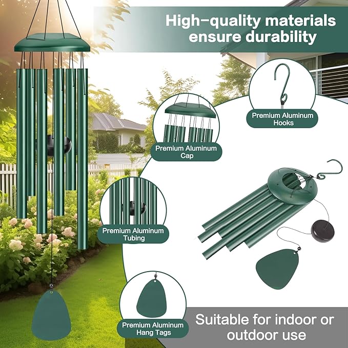 Wind Chimes Outdoor Outside - 6 Tubes 26" Memorial Garden Chime,Retirement & Sympathy Gift for Outdoor Patio Yard Decoration, Retired Gift for Mom Women Grandma Neighbors Green