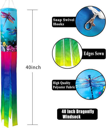 Floral Dragonfly Windsock 40 Inch Durable Outdoor Hanging Decoration for Yard Garden Patio Home and More