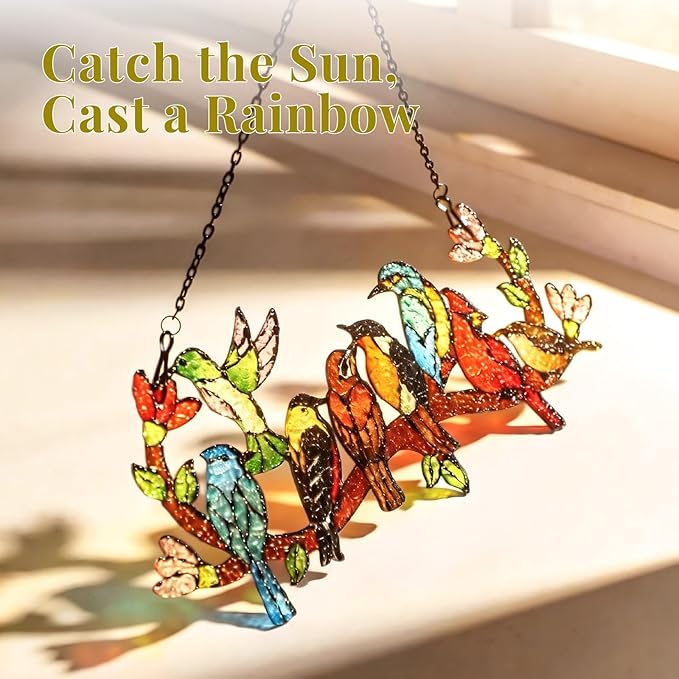 Huray Rayho Stained Glass Sun Catcher Birds On Branch for Indoor Window Hanging, Hand-Painted and Double Side with Gift Packaging, Hummingbird Gifts for Bird Lovers Mom Grandma, Bird Decor Ornament