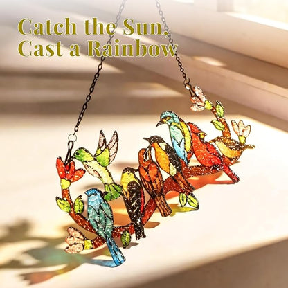 Huray Rayho Stained Glass Sun Catcher Birds On Branch for Indoor Window Hanging, Hand-Painted and Double Side with Gift Packaging, Hummingbird Gifts for Bird Lovers Mom Grandma, Bird Decor Ornament