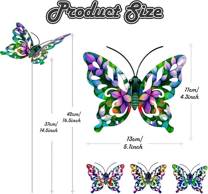 4Pcs Butterfly Garden Stakes Decor, Colorful Butterflies Decorations, Metal Yard Art for Outdoor Lawn Porch Pathway Yard Patio Plant Pot Ornaments (Butterfly- D)