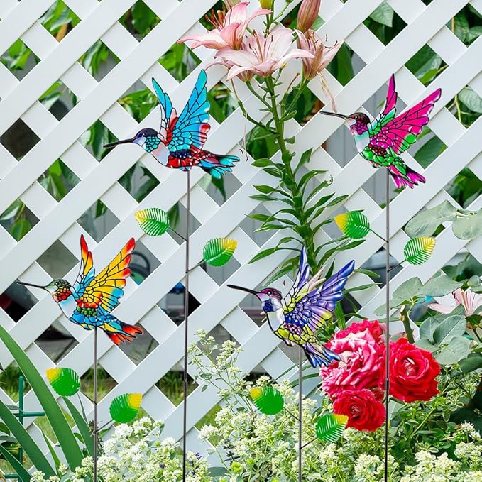 Decorative Garden Stakes,4 Pack Hummingbird Garden Decor for Outside,Metal Yard Art Spring Decor for Outdoor Porch Lawn Pathway