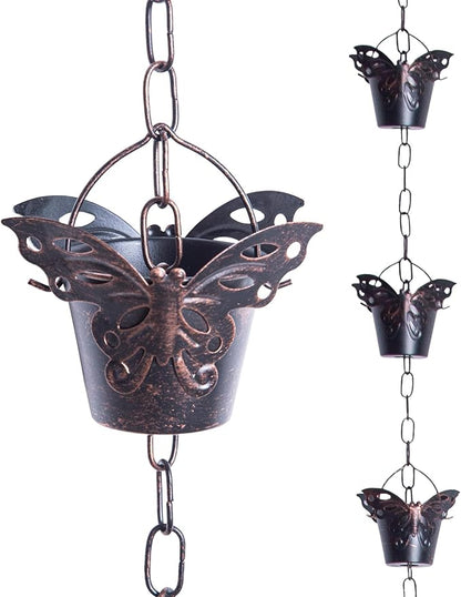 DUSVALLY 8.5FT Metal Butterfly Rain Chain, Functional and Decorative Replacement for Gutter Downspouts, Divert Water and Home Display, Adjustable Length, 12 Cups, Black