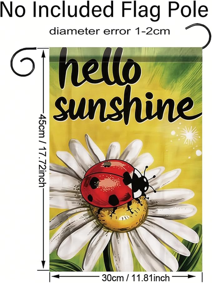Spring Summer Garden Flag 12x18 Inch Hello Sunshine Ladybug Daisy Floral Art Design Outdoor Yard Porch Lawn Garden for Seasonal Farmhouse Country Home Decor