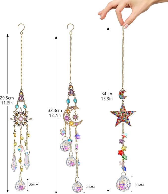 H&D HYALINE & DORA 3Pcs Sun Catchers with Crystals Glass Prisms Rhinestones Suncatcher Rainbow Maker Pendant Indoor Window Home Car Decor Gift(Star, Sun, Moon)