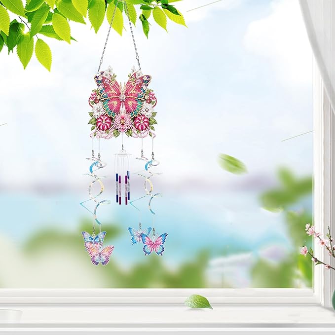 DIY Wind Chime Pendant Spring 3D Diamond Art Painting Hanging Ornament Double Sided Diamond Suncatchers for Window Home Backyard Garden Wall Door Decor-Butterfly02