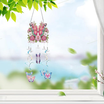 DIY Wind Chime Pendant Spring 3D Diamond Art Painting Hanging Ornament Double Sided Diamond Suncatchers for Window Home Backyard Garden Wall Door Decor-Butterfly02