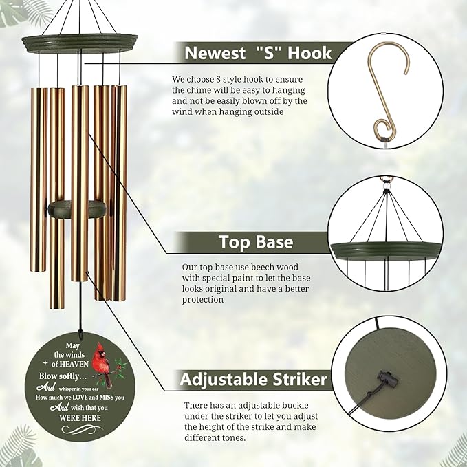 Personalized Wind Chimes, Cardinals Memorial Wind Chimes, Sympathy Gifts for Loss of Loved One, Wind Chime Deep Tone for Loss of Loved Dad/Mom/Ones for Condolences/Funeral, Product in USA