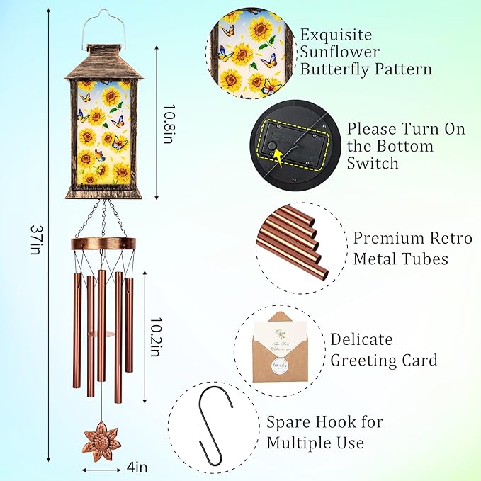 YHmall Sunflowers Wind Chimes for Outside, 37" Hanging Solar Windchimes Outdoors Memorial Gifts for Women Mom Grandma, Solar Lights Wind Chime for Garden Patio Outdoor Decor