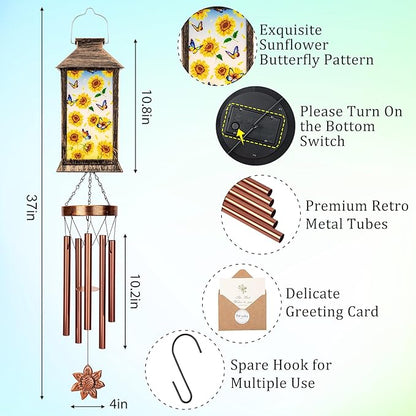 YHmall Sunflowers Wind Chimes for Outside, 37" Hanging Solar Windchimes Outdoors Memorial Gifts for Women Mom Grandma, Solar Lights Wind Chime for Garden Patio Outdoor Decor