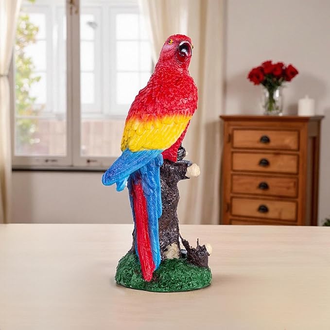 Decorative Tropical Parrot Garden Statue, Bird Red Scarlet Macaw Parrot Perching On Tree Branch Decorative Figurine Parrots Birds Vibrant Colors Accent Forest Nature Sculpture Decors