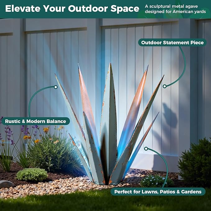 Solar Metal Agave Plant Garden Statue, Hand Painted Tequila Rustic Sculpture Outdoor Decor for Yard Patio Porch Lawn Courtyard Pond or Indoor Balcony Display