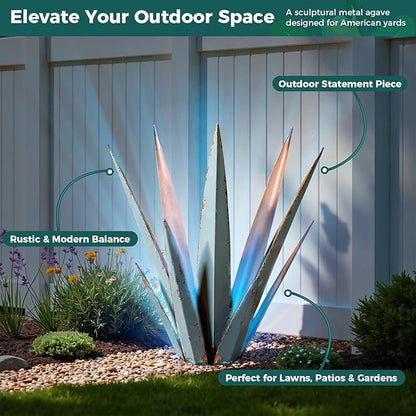 Solar Metal Agave Plant Garden Statue, Hand Painted Tequila Rustic Sculpture Outdoor Decor for Yard Patio Porch Lawn Courtyard Pond or Indoor Balcony Display