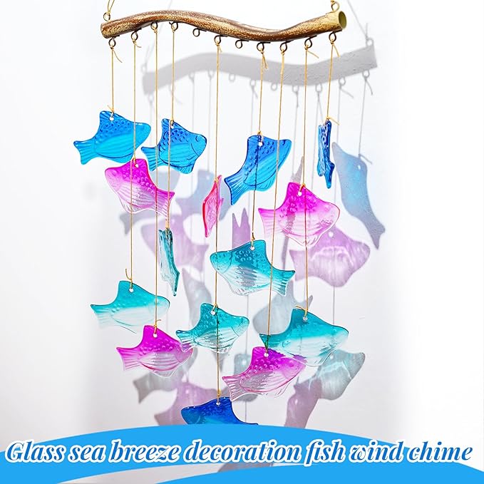 28.5" Blue Glass Sea Wind Chimes for Outdoor, Handcrafted Fish Wind Chimes for Outside, Small Unique Suncatcher Hanging Windchimes for Garden Patio Yard Beach Party Wedding Decor Women Gift