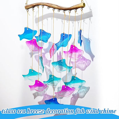 28.5" Blue Glass Sea Wind Chimes for Outdoor, Handcrafted Fish Wind Chimes for Outside, Small Unique Suncatcher Hanging Windchimes for Garden Patio Yard Beach Party Wedding Decor Women Gift