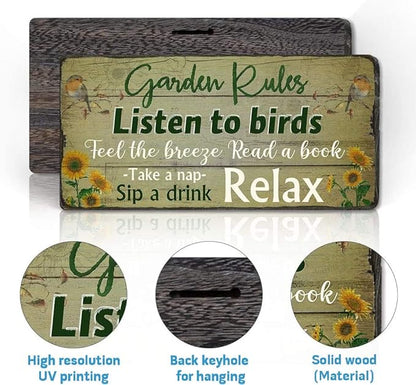 Retro Garden Rules Sign Vintage Signs for Home Porch Patio Yard Shed Decor Hanging Garden Plaque Listen to Birds Quotes by 16''x8''