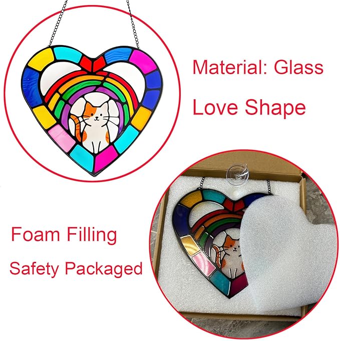 Stained Glass Window Hanging,Sun Catchers Glass Panel Window Suncatcher Panel Decor for Mom,Wife,Grandmother,Women, Men and Aunt,Garden Hangings for Christmas Mother's Day (Cat)