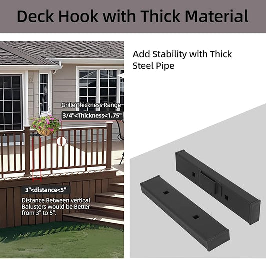 Deck Hook Railing Mount - Heavy Duty Metal Shepherds Hook Bracket for Outdoor Plant Hanger, Bird Feeder Hanger, Plant Hooks, Flower Baskets, Lanterns - 360° Rotating Pole, Extended Arm