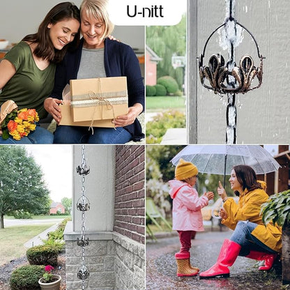 U-nitt Rain Chain Water Collection for Gutters Rainwater Catcher & Diverter, 8.5 FT Chains for Outside Garden, Antique Copper Cups, Roof Downspout, Works with Heavy Rain, w/Gutter Clip for Rainchains