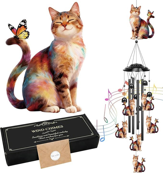 YHmall Cat Gifts for Women, 35 in Wind Chimes for Outside Mothers Day Gardening Gifts for Mom Colorful Metal Memorial Wind Chime Cat Decor for Home Yard Patio Garden Outdoor