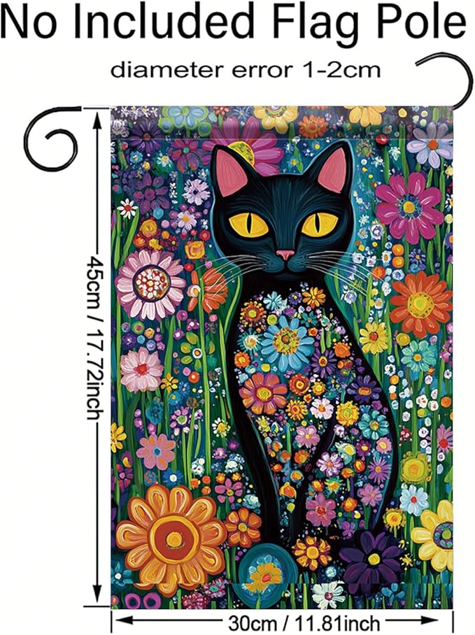 Spring Summer Garden Flag 12x18 Inch Black Cat Colorful Floral Art Design Outdoor Yard Porch Lawn Garden for Seasonal Farmhouse Boho Home Decor
