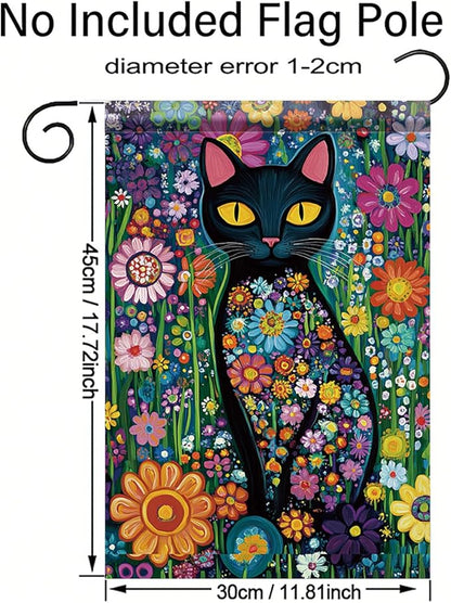 Spring Summer Garden Flag 12x18 Inch Black Cat Colorful Floral Art Design Outdoor Yard Porch Lawn Garden for Seasonal Farmhouse Boho Home Decor
