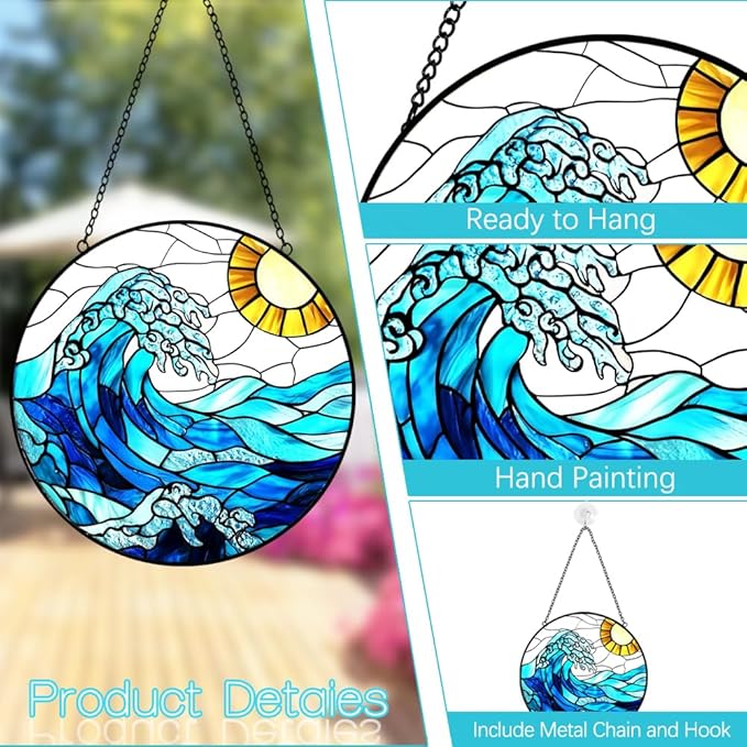 Sea Waves Sun Catchers Indoor Window - Ocean Suncatcher Stained Glass Window Hanging - 8″ Handmade Suncatchers for Windows Hanging - Home & Garden Decor Birthday Gifts for Women Men Mom Beach Lovers