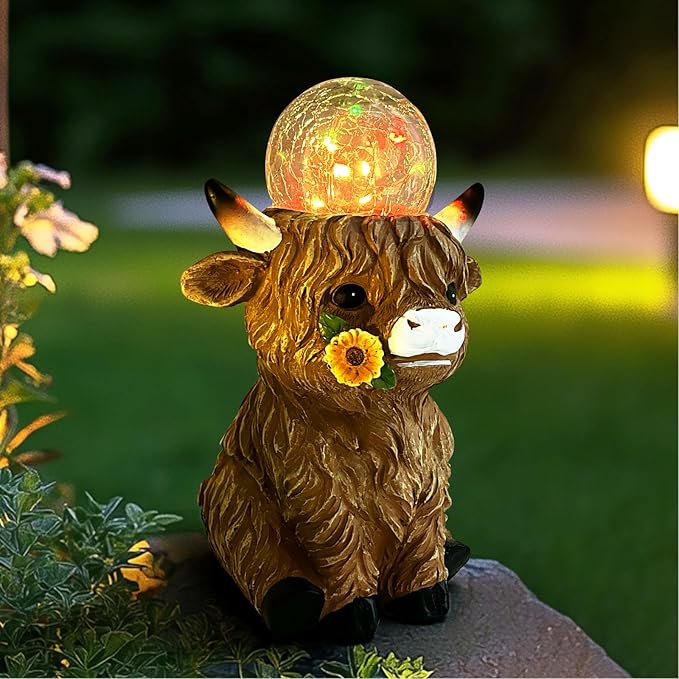 HONGLAND Solar Highland Cow Outdoor Garden Statues, Outside Decor with Color Changing Lights for Yard Lawn Ornaments Porch Patio Balcony Home Farmhouse, Birthday Gifts for Grandma Mom Women