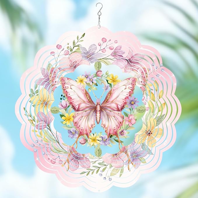 Wazzio Butterfly Wind Spinners Outdoor, Birthday Gifts for Women Wife Mom, Butterfly Hanging Wind Sculptures Spinners for Christmas, 12 inch Outdoor Indoor Hanging Ornament for Garden Backyard Lawn