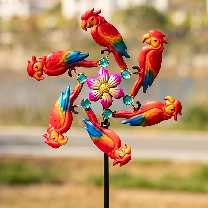 44" Parrot Garden Wind Spinners - Metal Outdoor Stakes Kinetic Wind Spinner Windmills Decor, Wind Sculpture Yard Art Decorations for Patio, Lawn & Garden