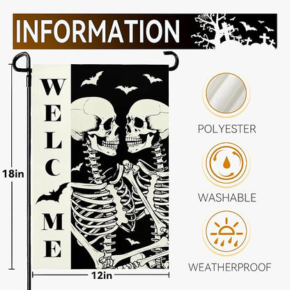 Halloween Welcome Skull Garden Flag Spooky Skeletons Funny Black White Yard Garden Flags Double Sided for Outside Fall Porch Patio Farmhouse Outdoor Decorations 12 x 18 Inch