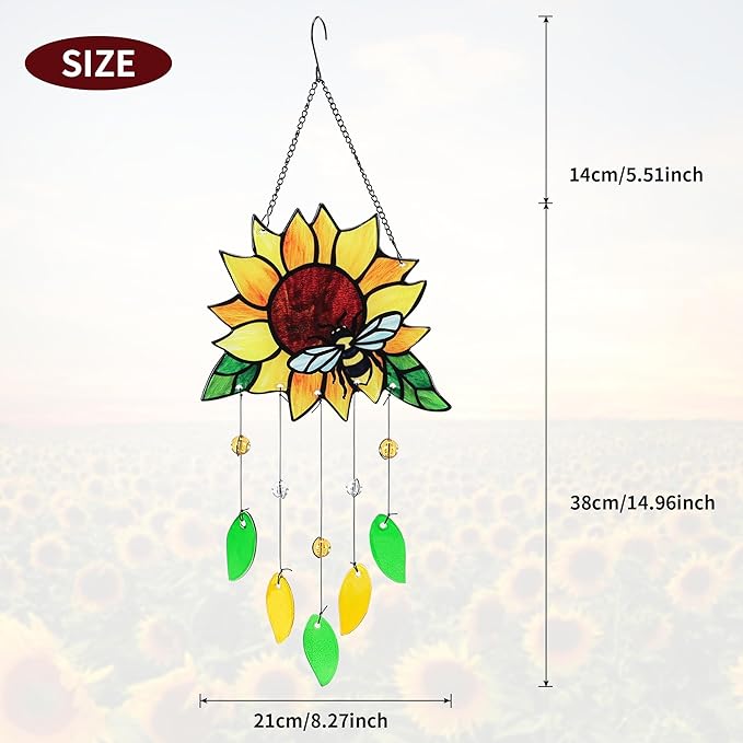Stained Glass Suncatcher, Sunflower and Ladybug Window Hanging, 20 x 8 inches, Hand-Painted (Style 2)
