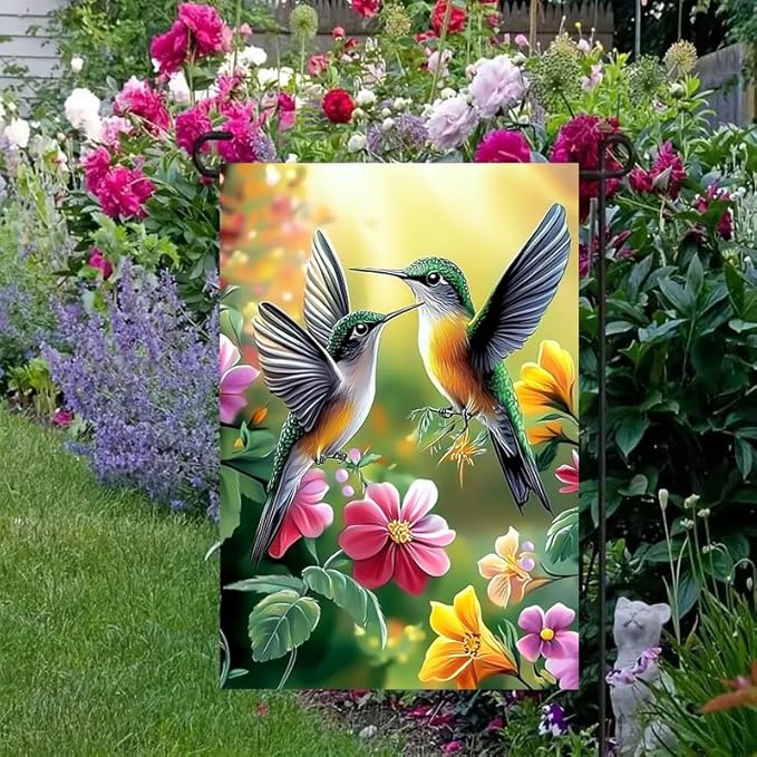 Spring Summer Hummingbird Garden Flag 12x18 Double Sided, Small Burlap Outdoor Flowers Seasonal Garden Flags Spring Summer Decorations for Outside Yard Lawn Porch Decor