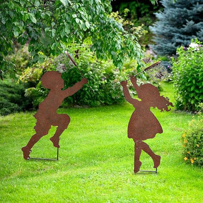 Boy Girl Silhouettes Chasing Butterfly Metal Vintage Garden Silhouette Sculpture Yard Garden Metal Stake Decor