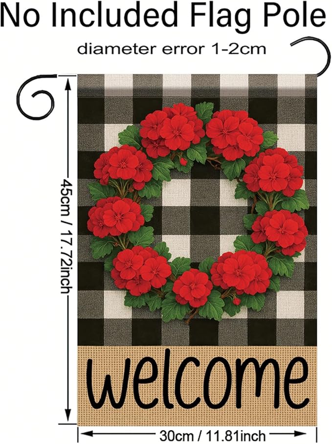 Buffalo Plaid Welcome Wreath Garden Flag Red Geranium Flower Flag 12x 18 Inch Double Sided Spring Outdoor Fall Autumn Farmhouse Outdoor Small Decor for Porch Lawn Patio Yard