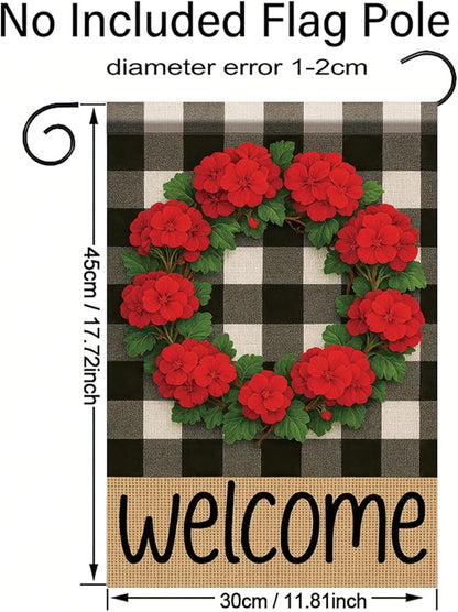 Buffalo Plaid Welcome Wreath Garden Flag Red Geranium Flower Flag 12x 18 Inch Double Sided Spring Outdoor Fall Autumn Farmhouse Outdoor Small Decor for Porch Lawn Patio Yard